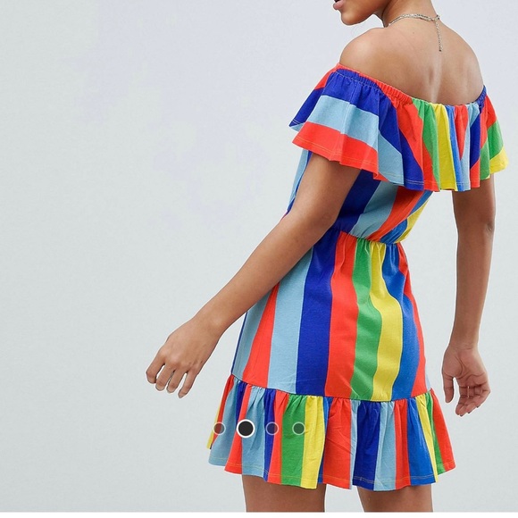 ASOS Women’s Rainbow Pride Striped Ruffled Casual Off Shoulder Dress Size 14 - Picture 3 of 8